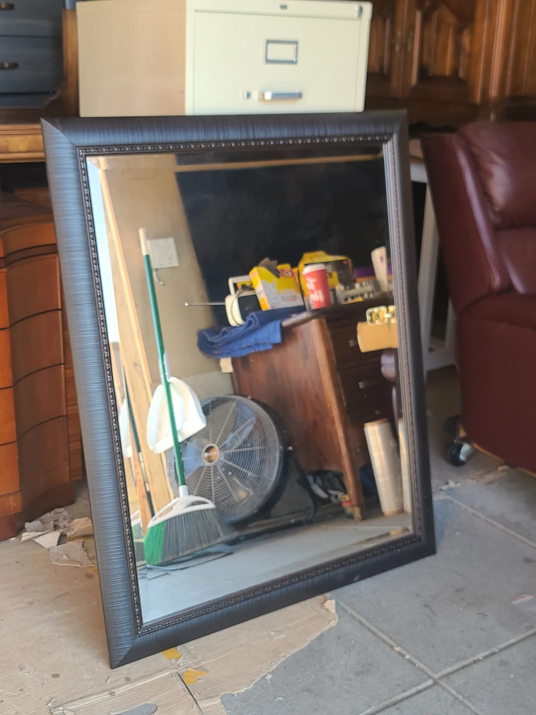 Large Beveled Wall Mirror with Textured Dark Frame