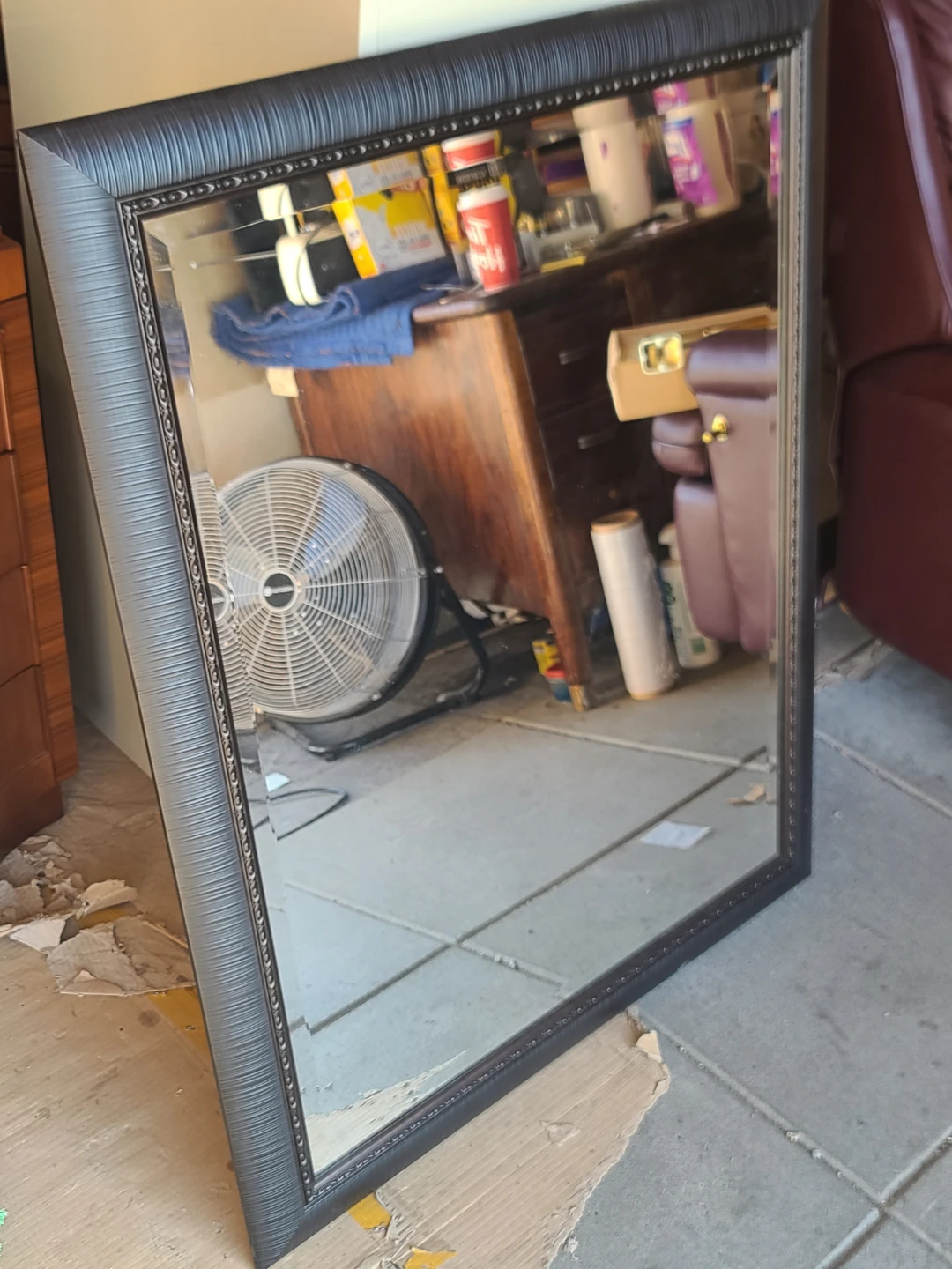 Large Beveled Wall Mirror with Textured Dark Frame - photo 2