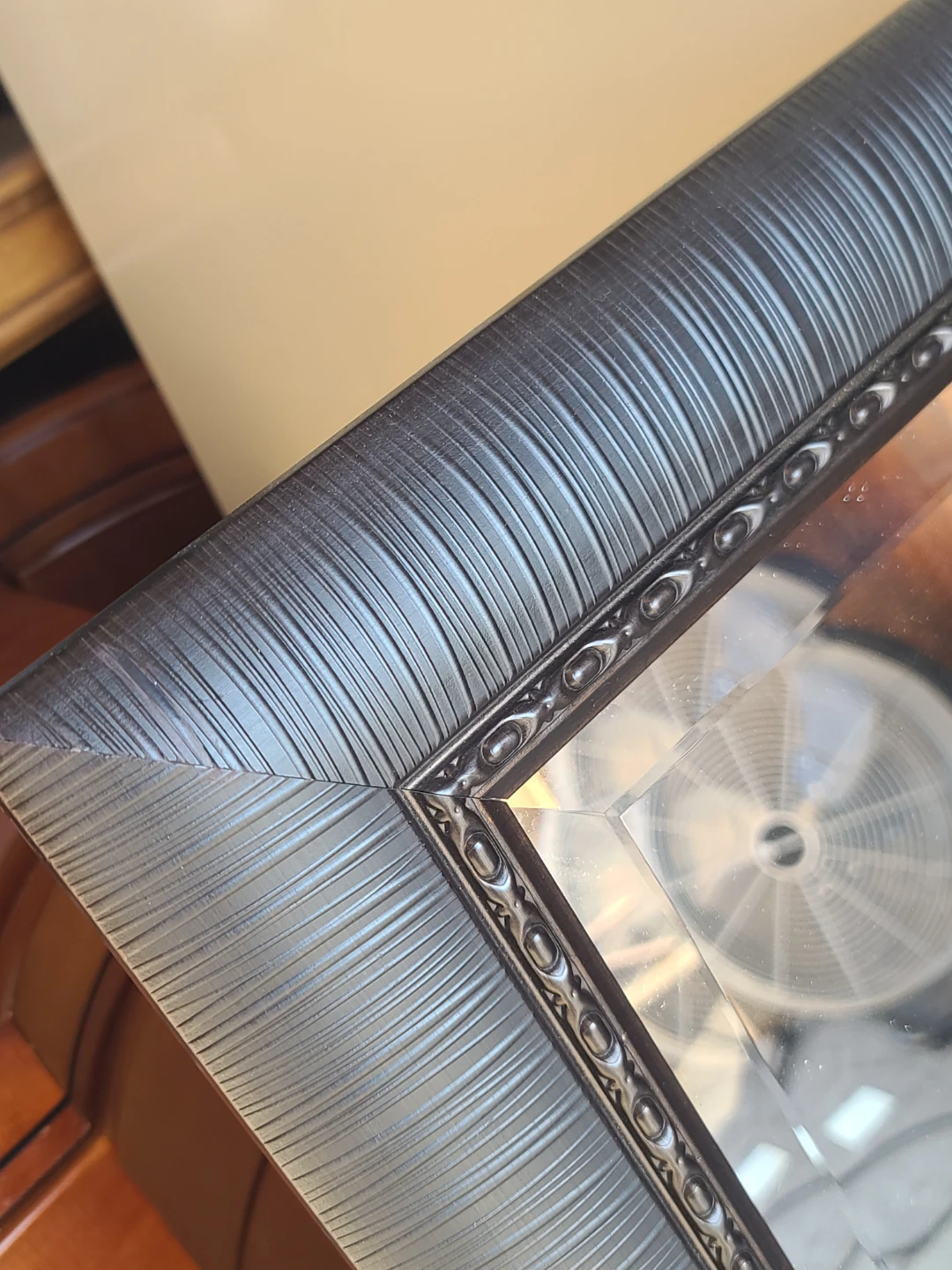 Large Beveled Wall Mirror with Textured Dark Frame - photo 3