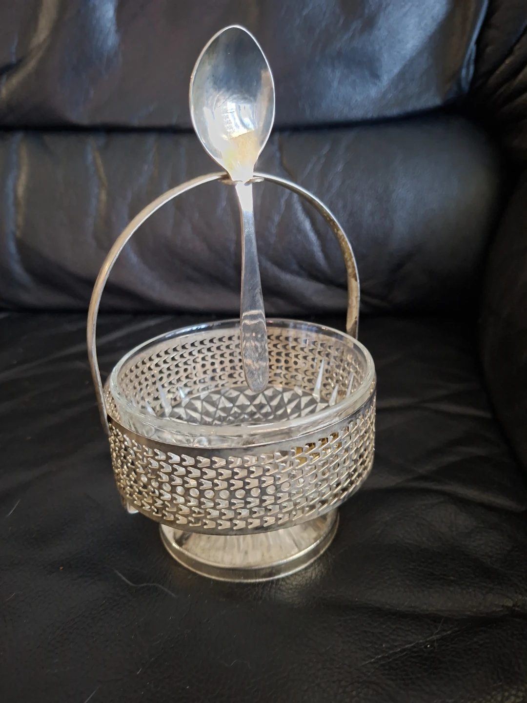 Vintage Glass and Silver Sugar Bowl with Spoon