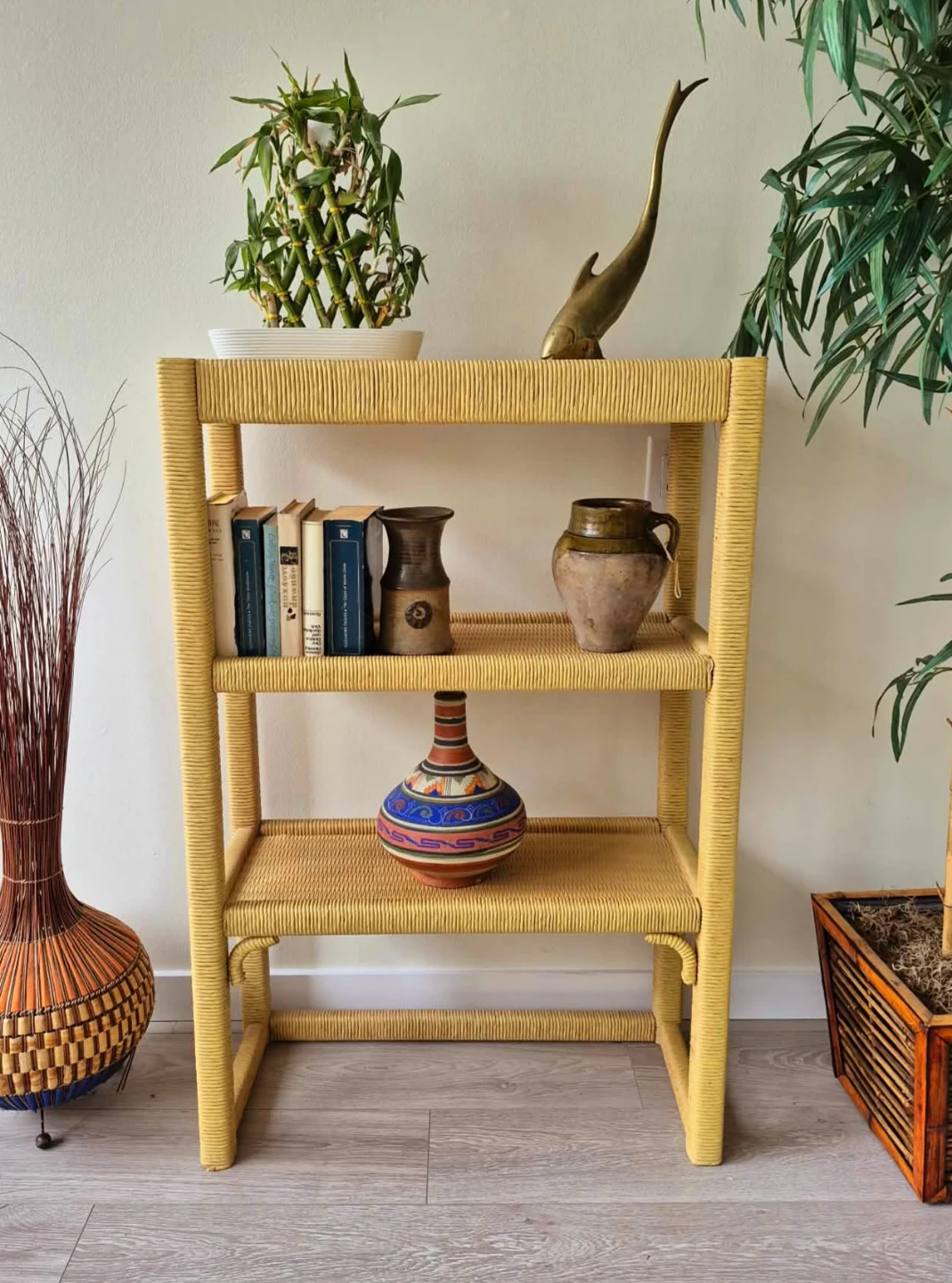 Bohemian Solid Wood Under Hand Woven Wicker Bookshelf - photo 2