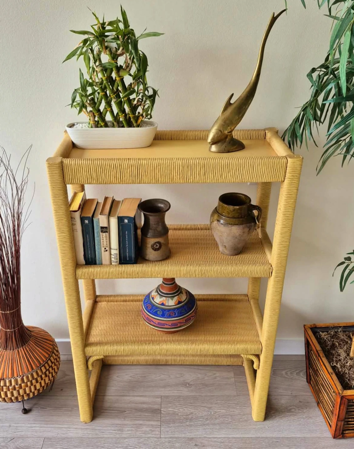 Bohemian Solid Wood Under Hand Woven Wicker Bookshelf - photo 4