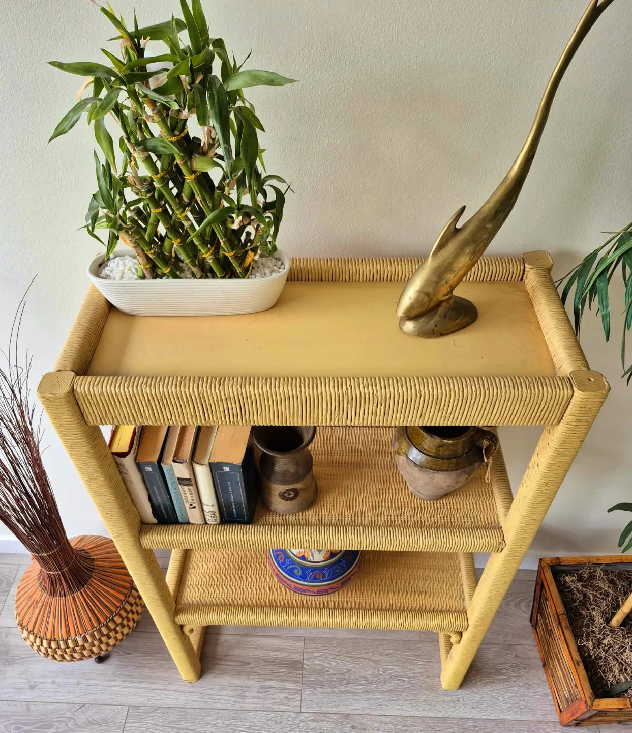 Bohemian Solid Wood Under Hand Woven Wicker Bookshelf - photo 5