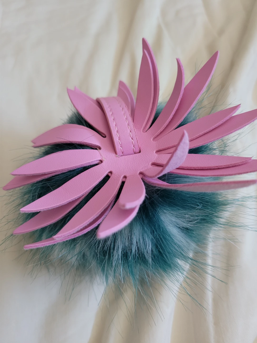 Teal and White Faux Fur Pom Pom Keychain with Pink Flower Accent