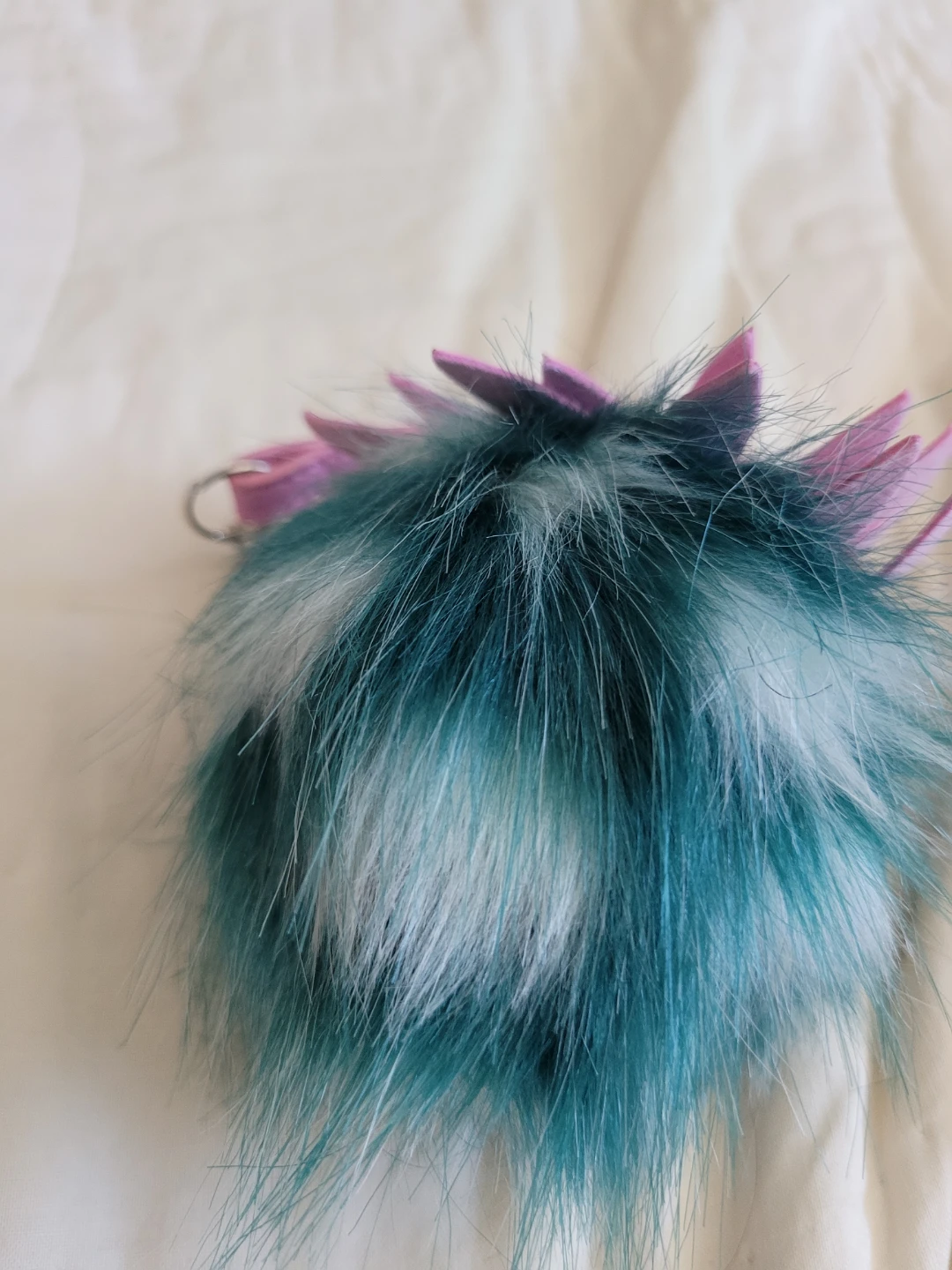 Teal and White Faux Fur Pom Pom Keychain with Pink Flower Accent - photo 2