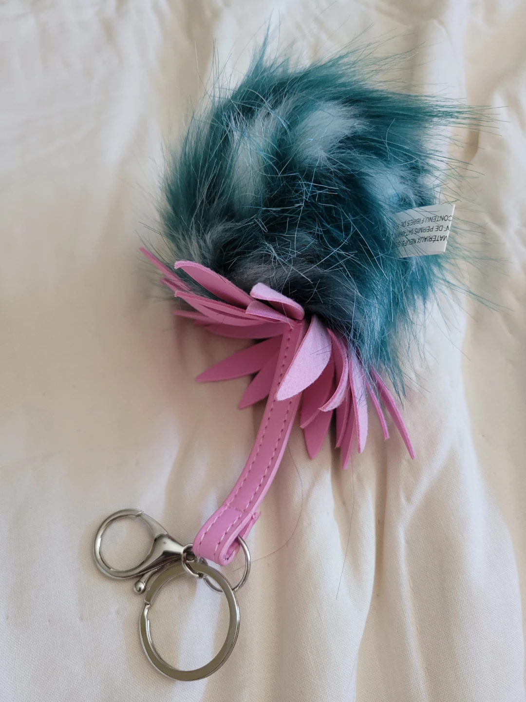 Teal and White Faux Fur Pom Pom Keychain with Pink Flower Accent - photo 3