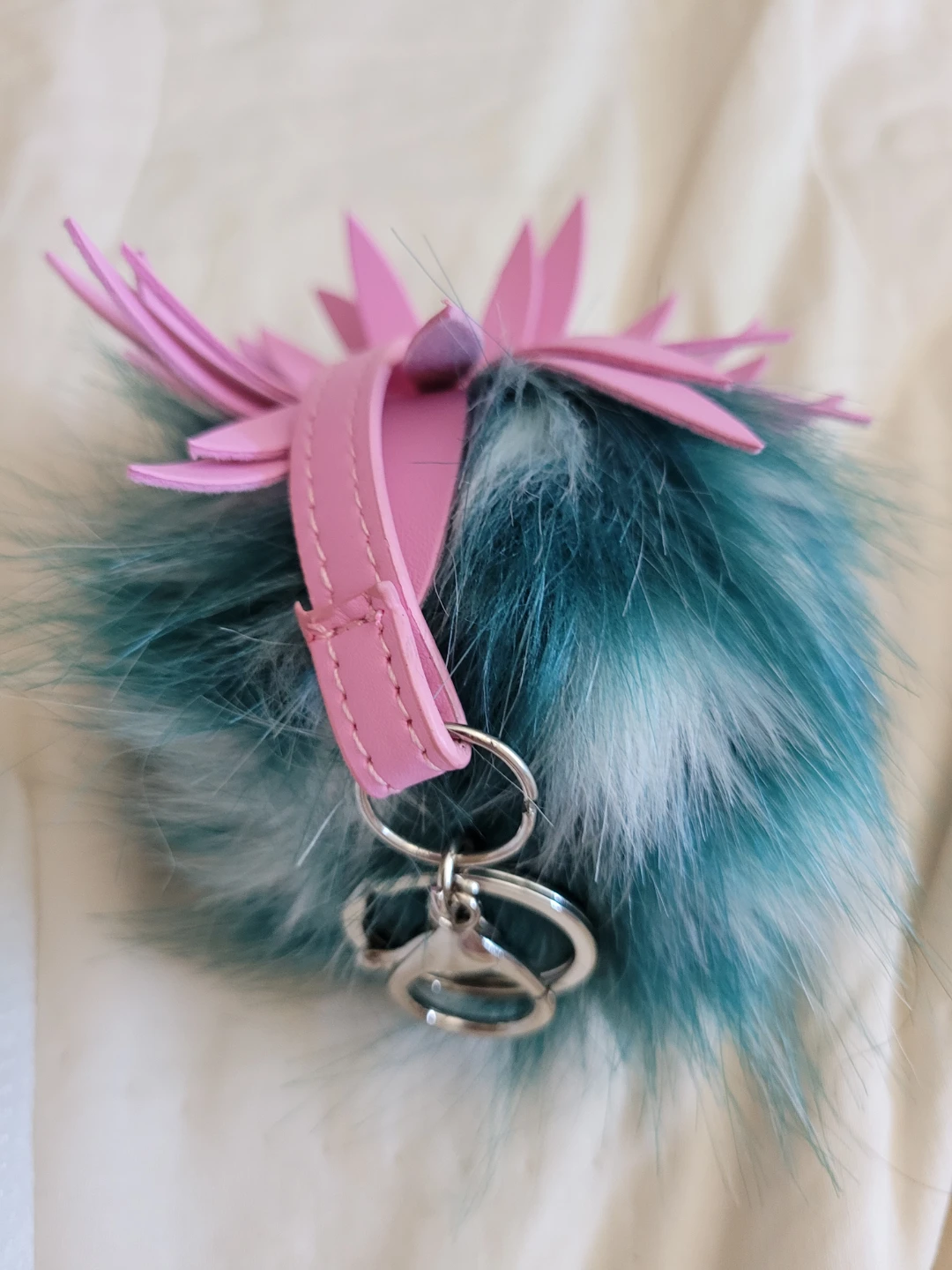 Teal and White Faux Fur Pom Pom Keychain with Pink Flower Accent - photo 4