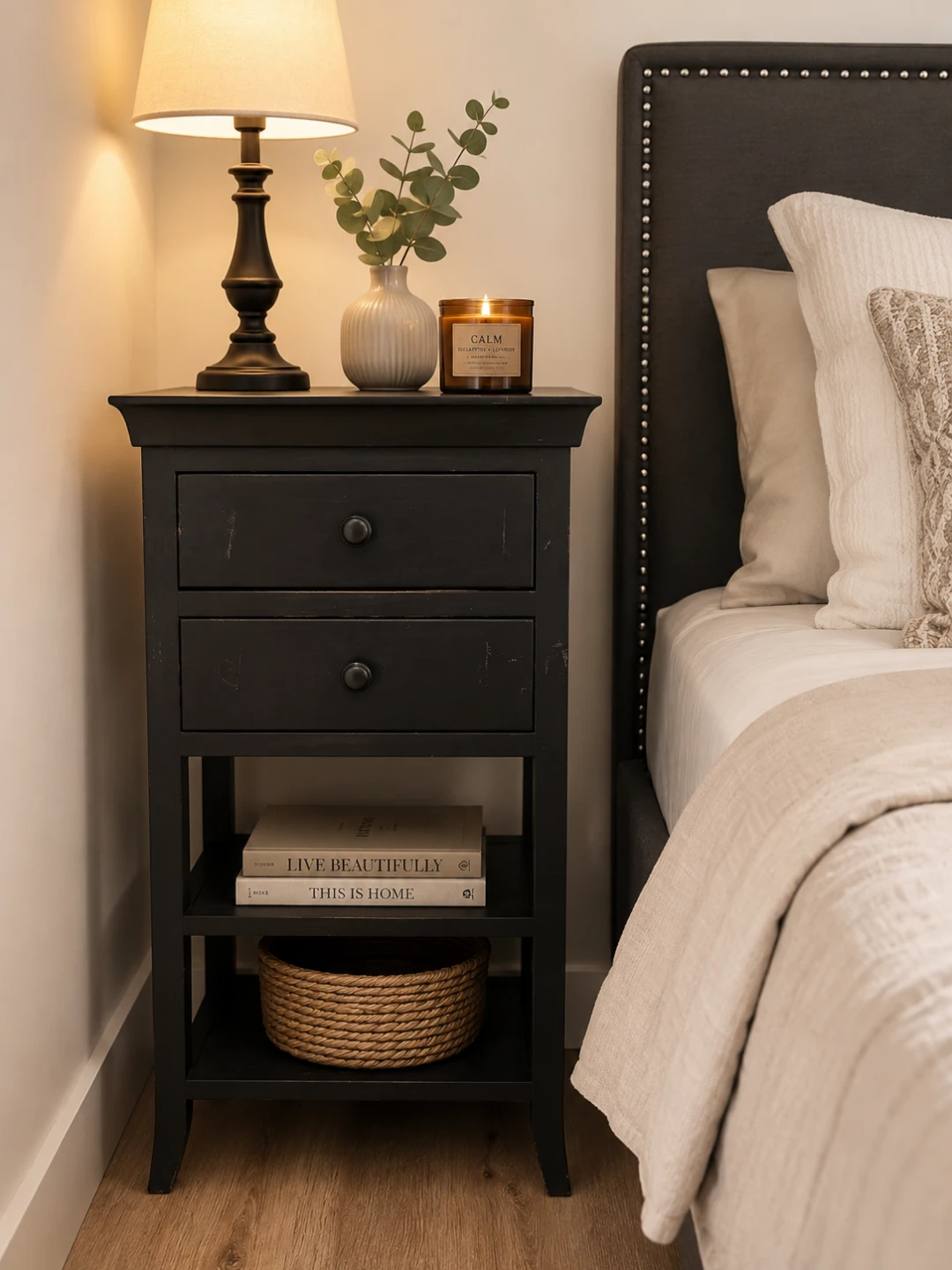Solid Wood Black Nightstand – Great Condition