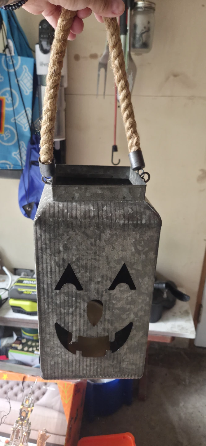 Galvanized Metal Jack-o'-lantern Lantern with Rope Handle
