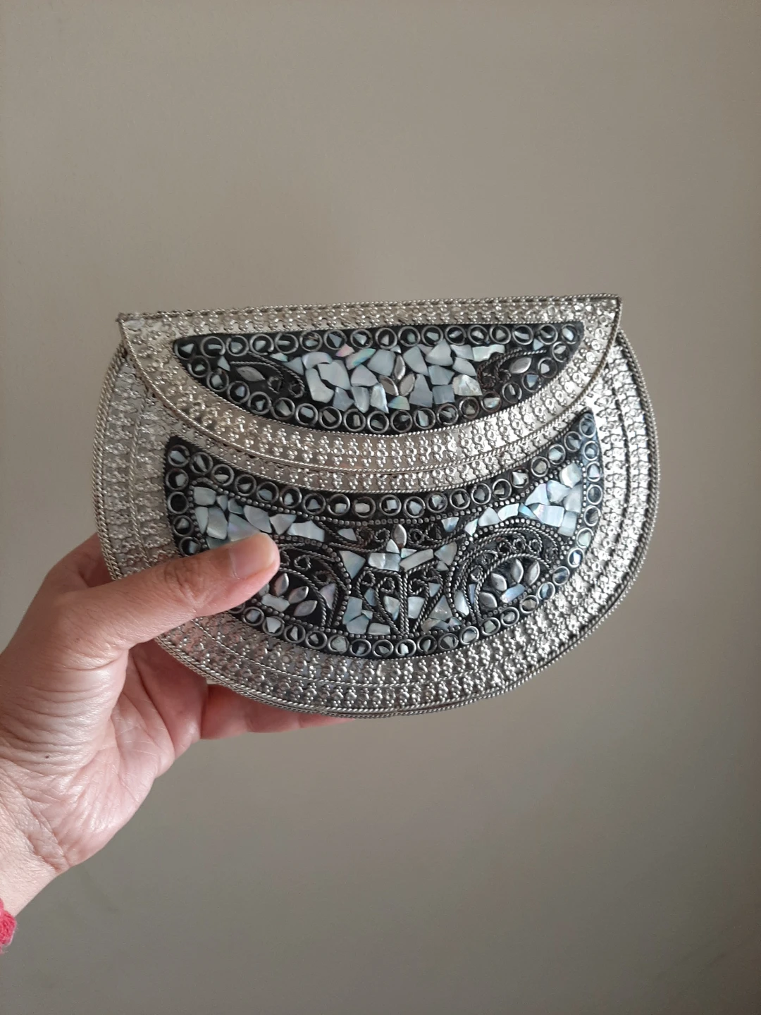 Silver Clutch Bag with Mother of Pearl Inlay