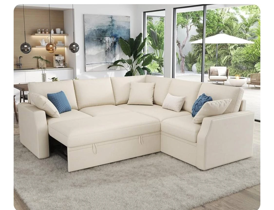 Cream Sectional Sofa Bed with Storage - photo 2
