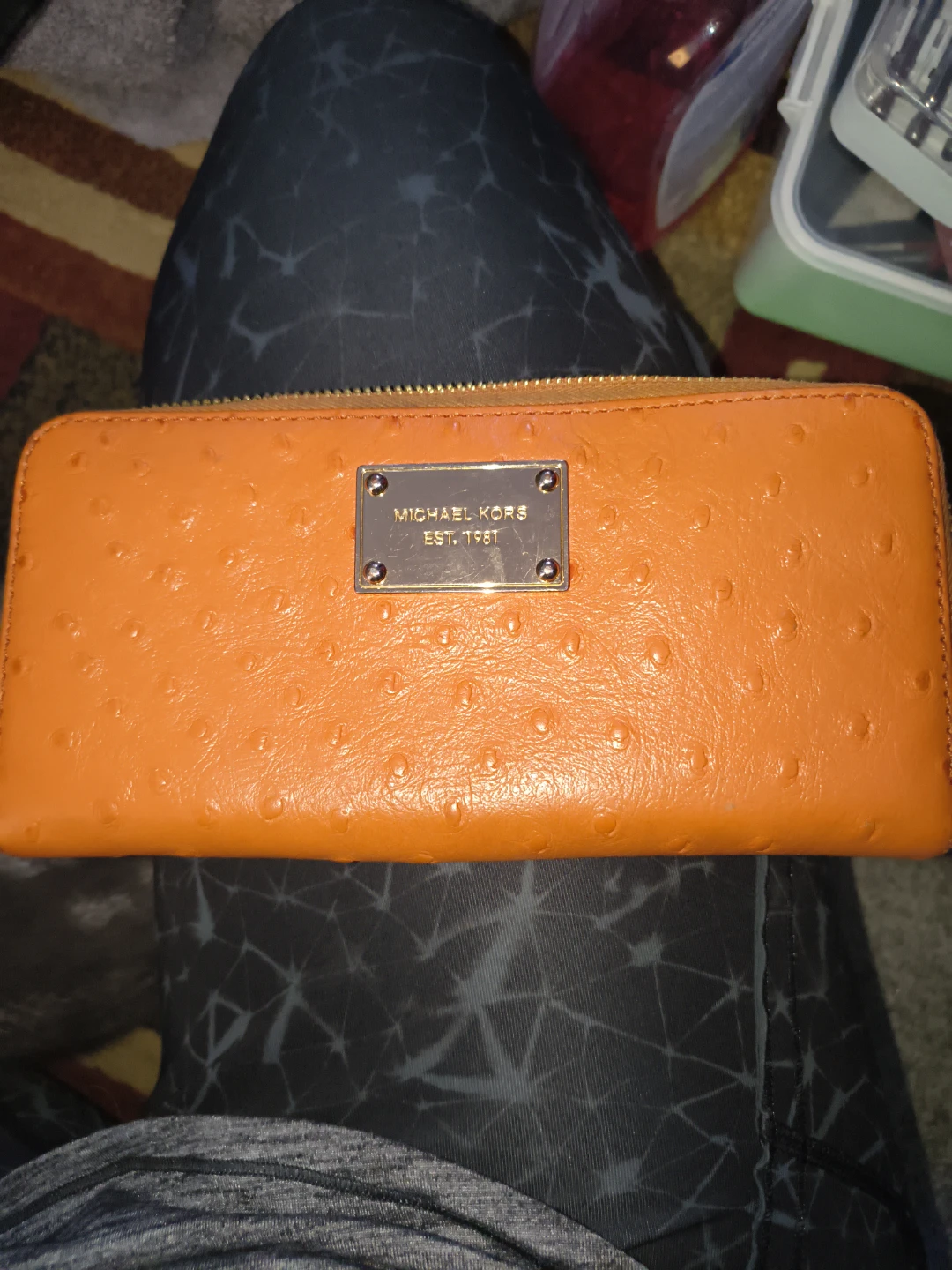 Michael Kors Orange Ostrich Embossed Zip Around Wallet