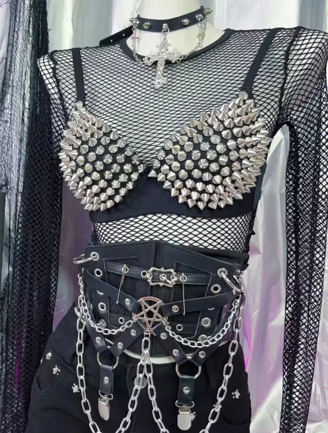 Spiked Bra. Goth Corset Belt. Fishnet shirt