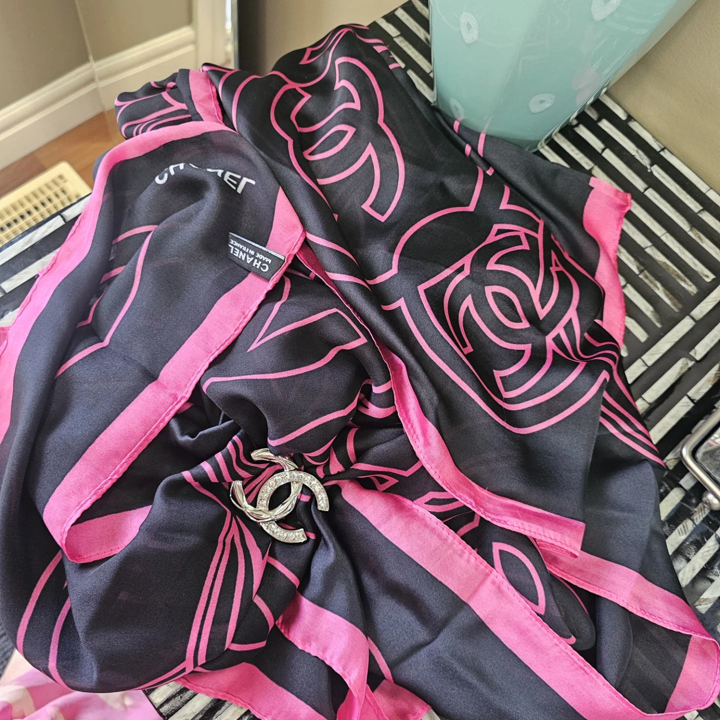 CHANEL Black Pink CC Silk Scarf