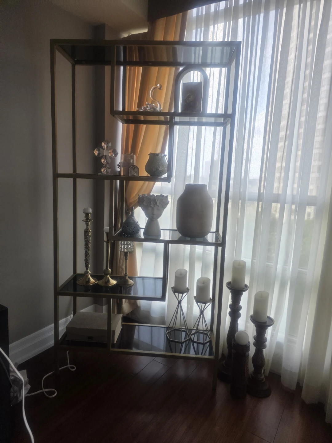 Gold Metal Bookshelf with Glass Shelves