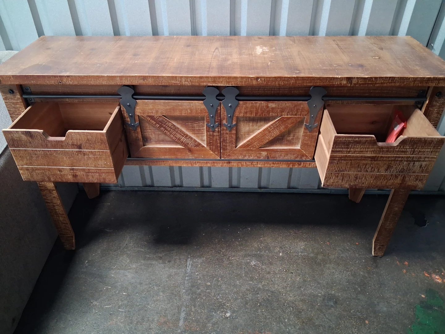 Rustic Wooden Console Table with Sliding Barn Doors