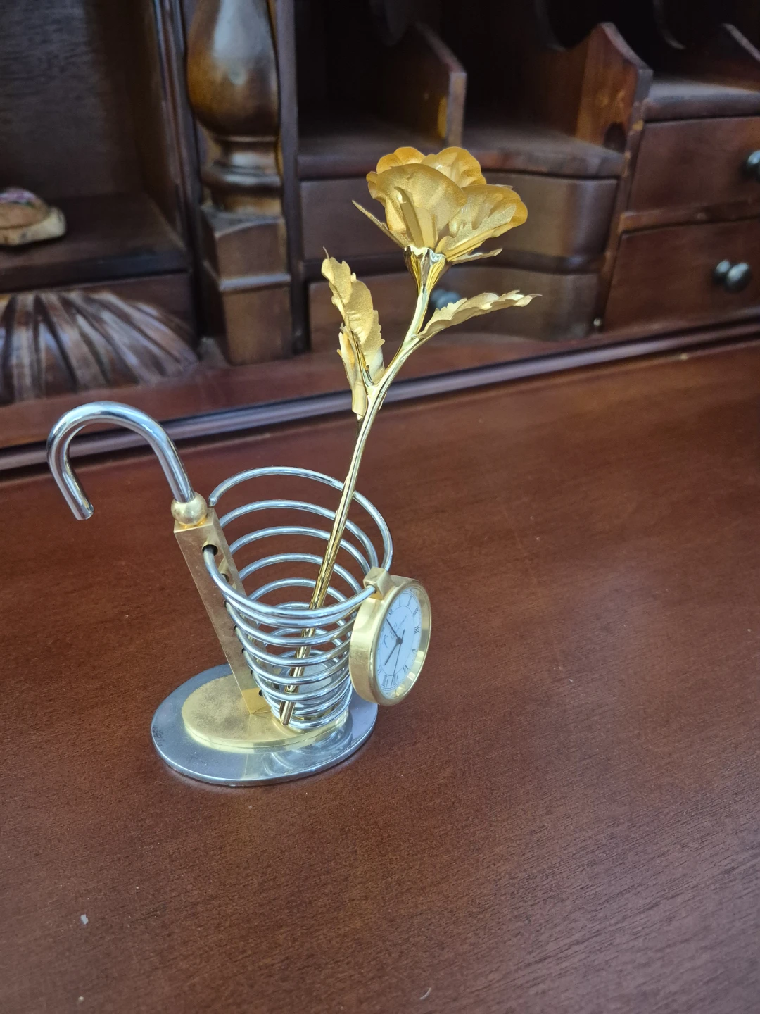 Gold Rose Desk Clock with Pen Holder