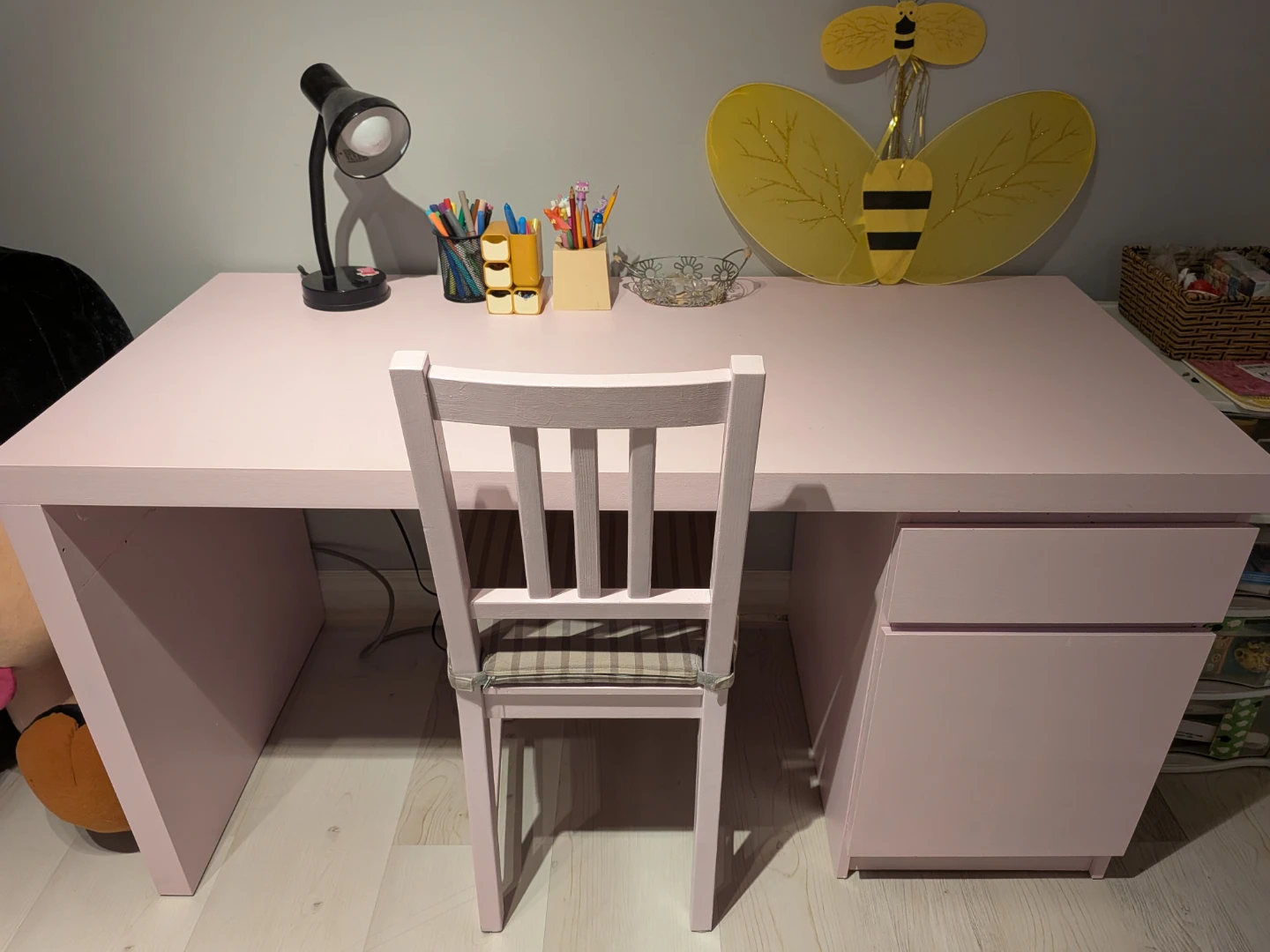 Pink kids desk with  draw, storage unit and matching chair