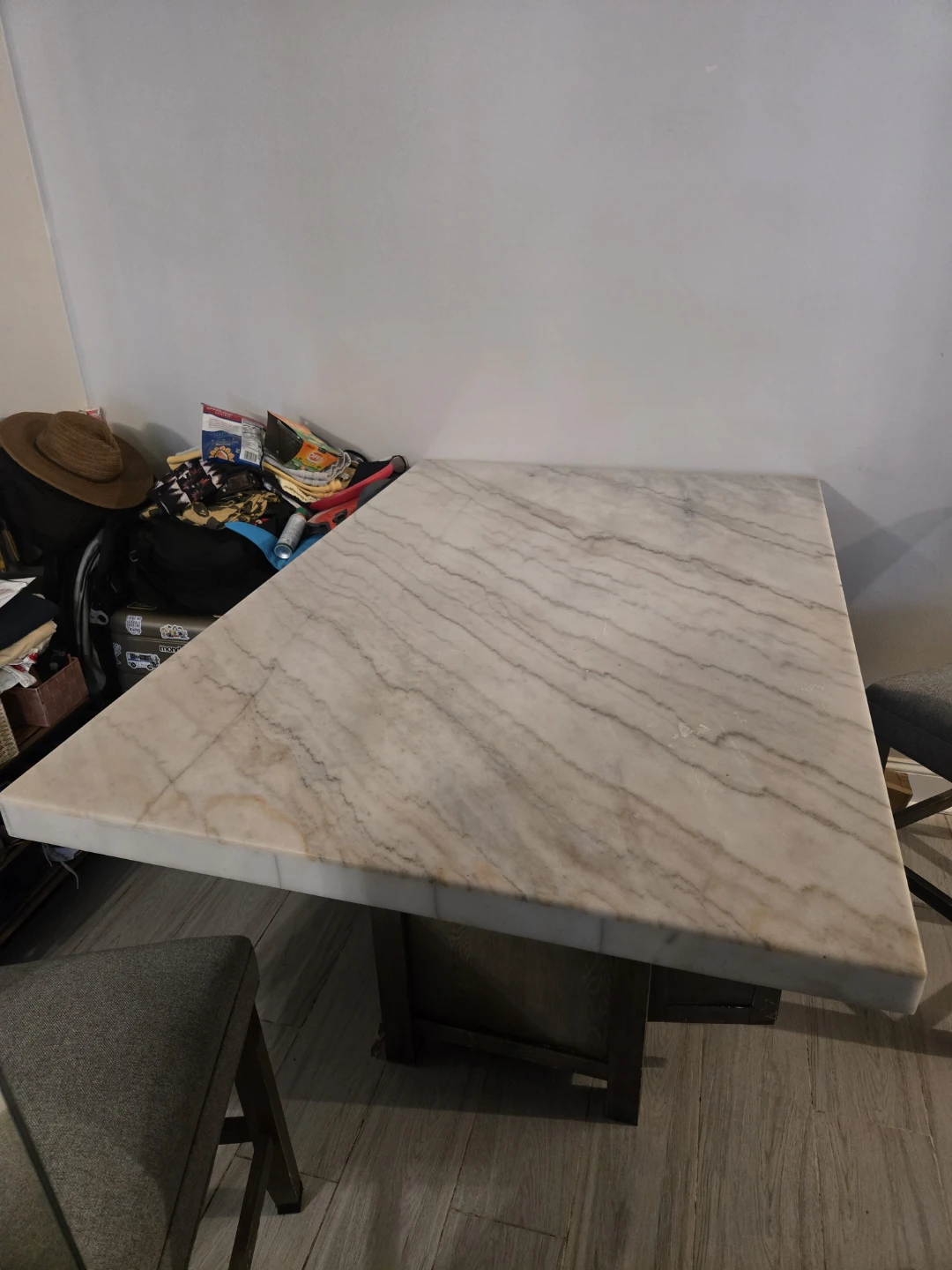 4 Gray Upholstered Counter Height Stools with Storage Table
