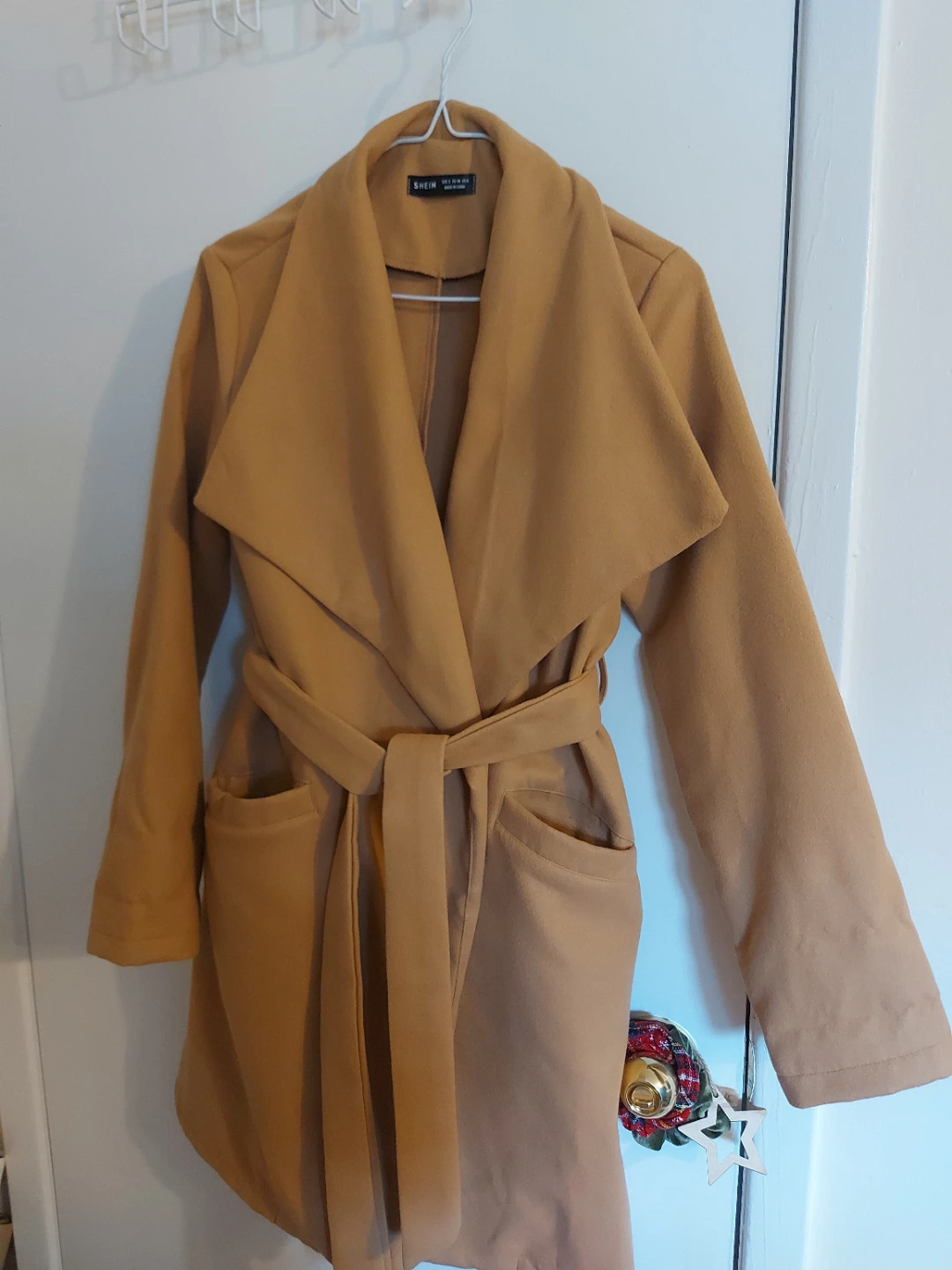 Shein Tan Wool Blend Belted Wrap Coat