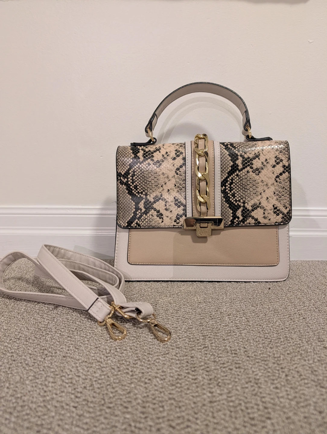 Women's Top Handle Handbag with Snake Print Detail