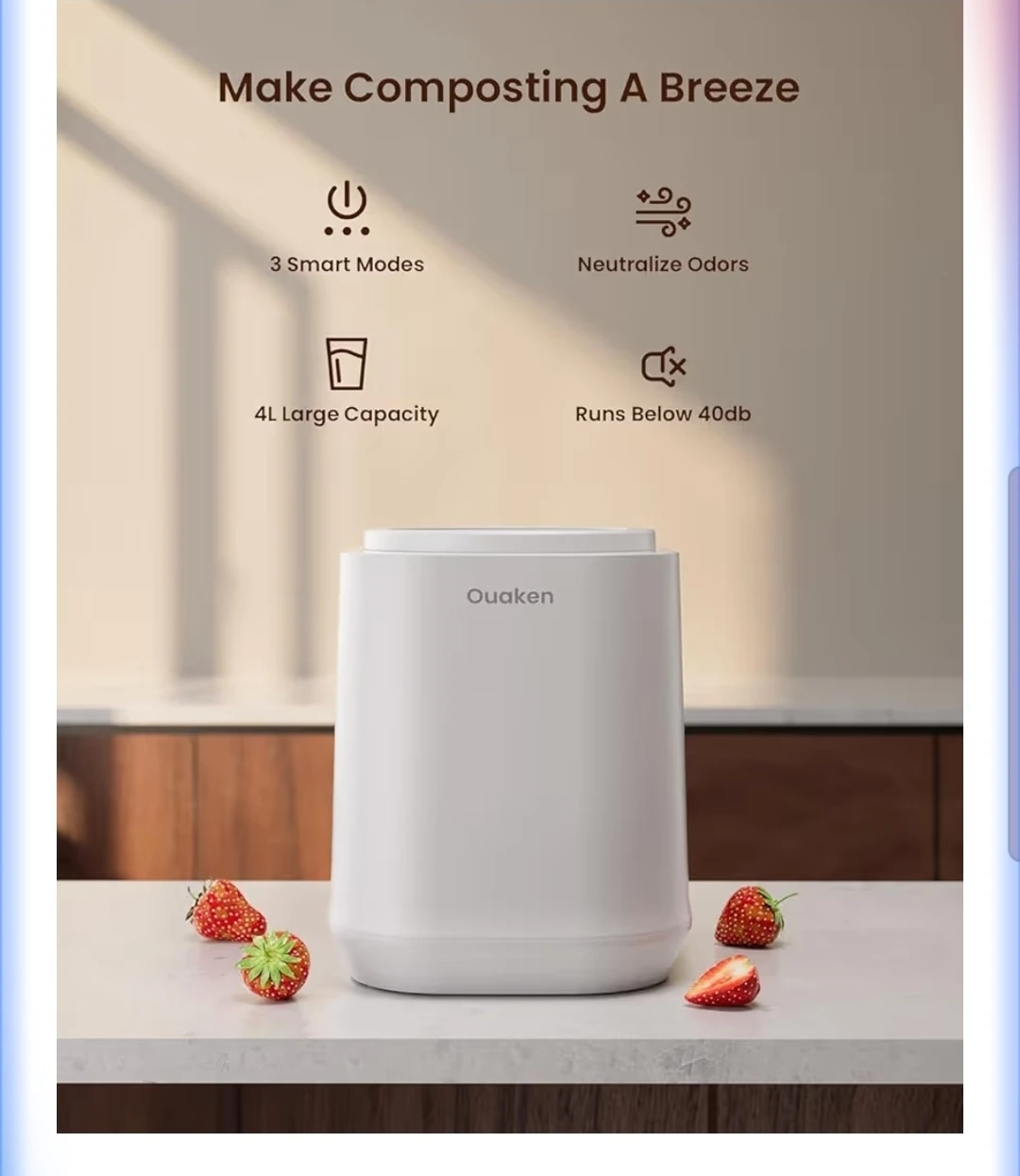 Ouaken 4L Electric Countertop Composter - White