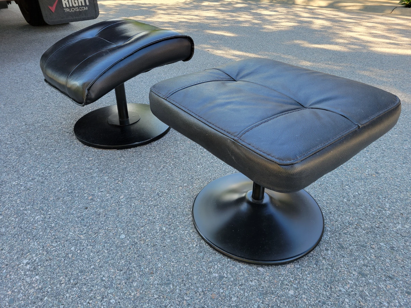Pair of Black Leather Ottomans / Footstools - Pedestal Base.