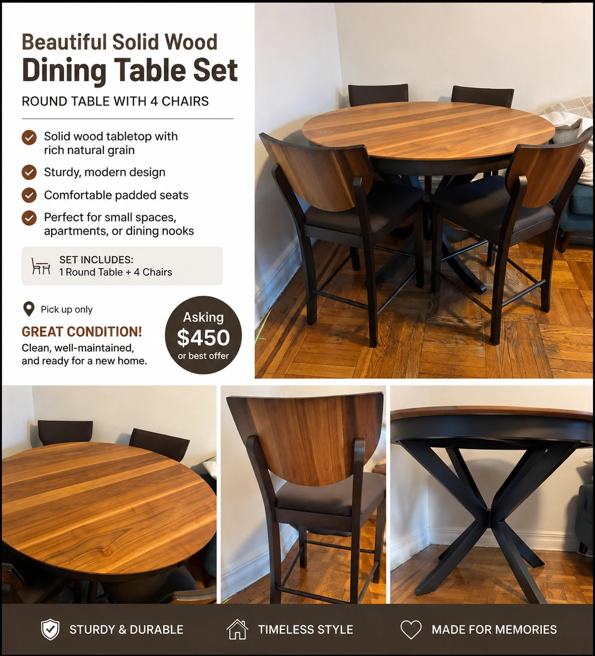 Solid Wood Round Dining Table Set with 4 Chairs