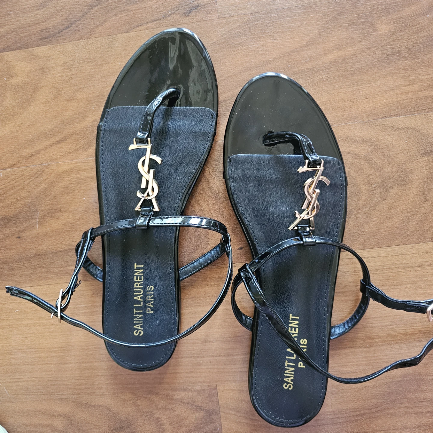 Saint Laurent Paris Black Patent Leather YSL Sandals Size 8