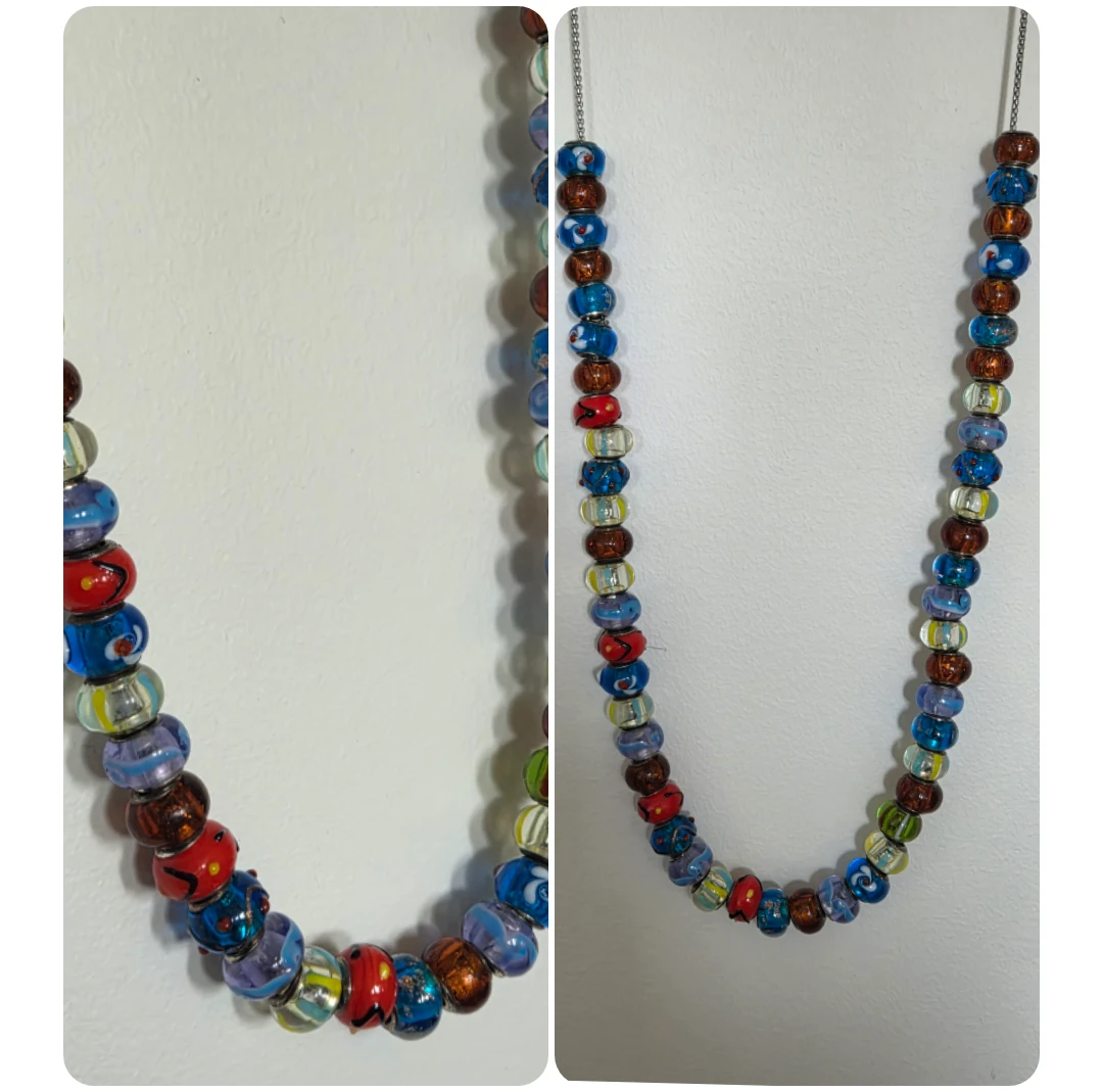 Beaded Necklace with Colorful Murano Style Glass Beads