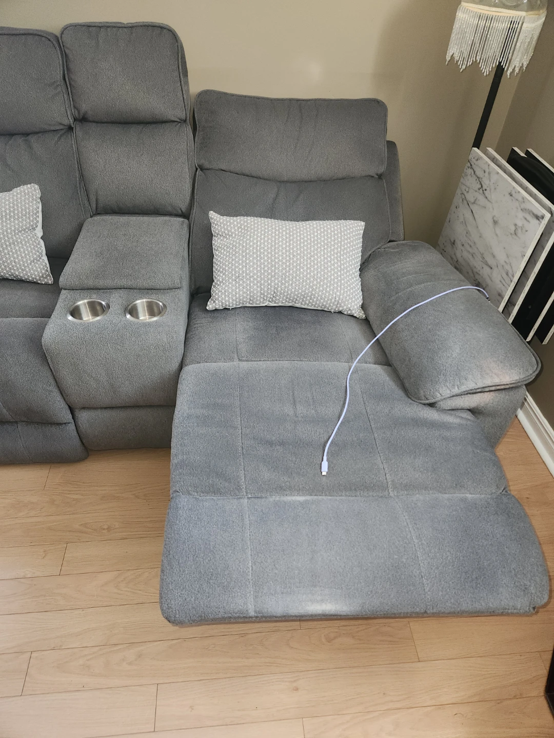 Grey Fabric Recliner Sofa with Storage and USB Ports - photo 2