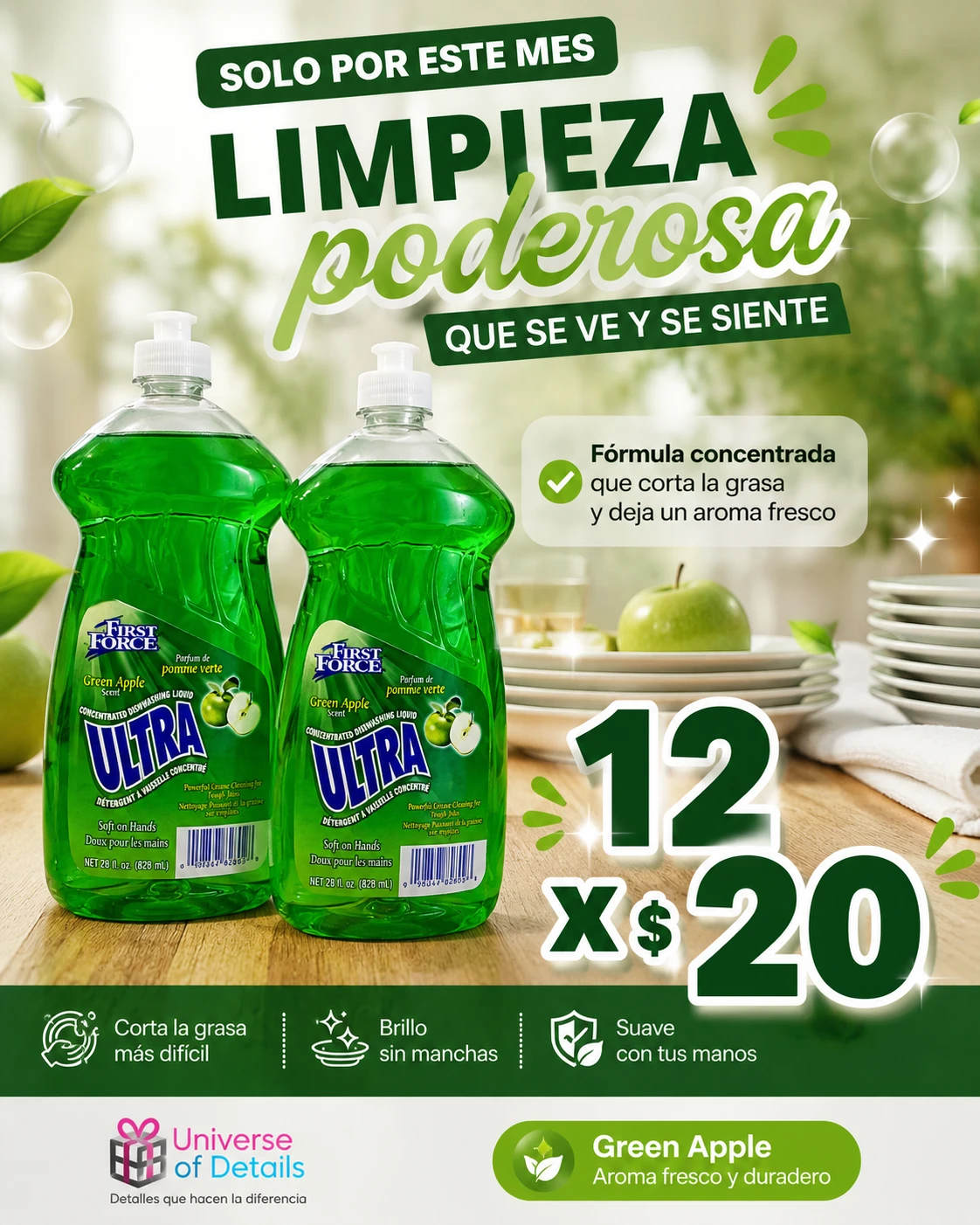 First Force Ultra Concentrated Dishwashing Liquid Green Apple