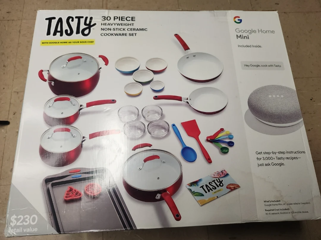 Tasty 30pc Ceramic Cookware Set with Google Home Mini