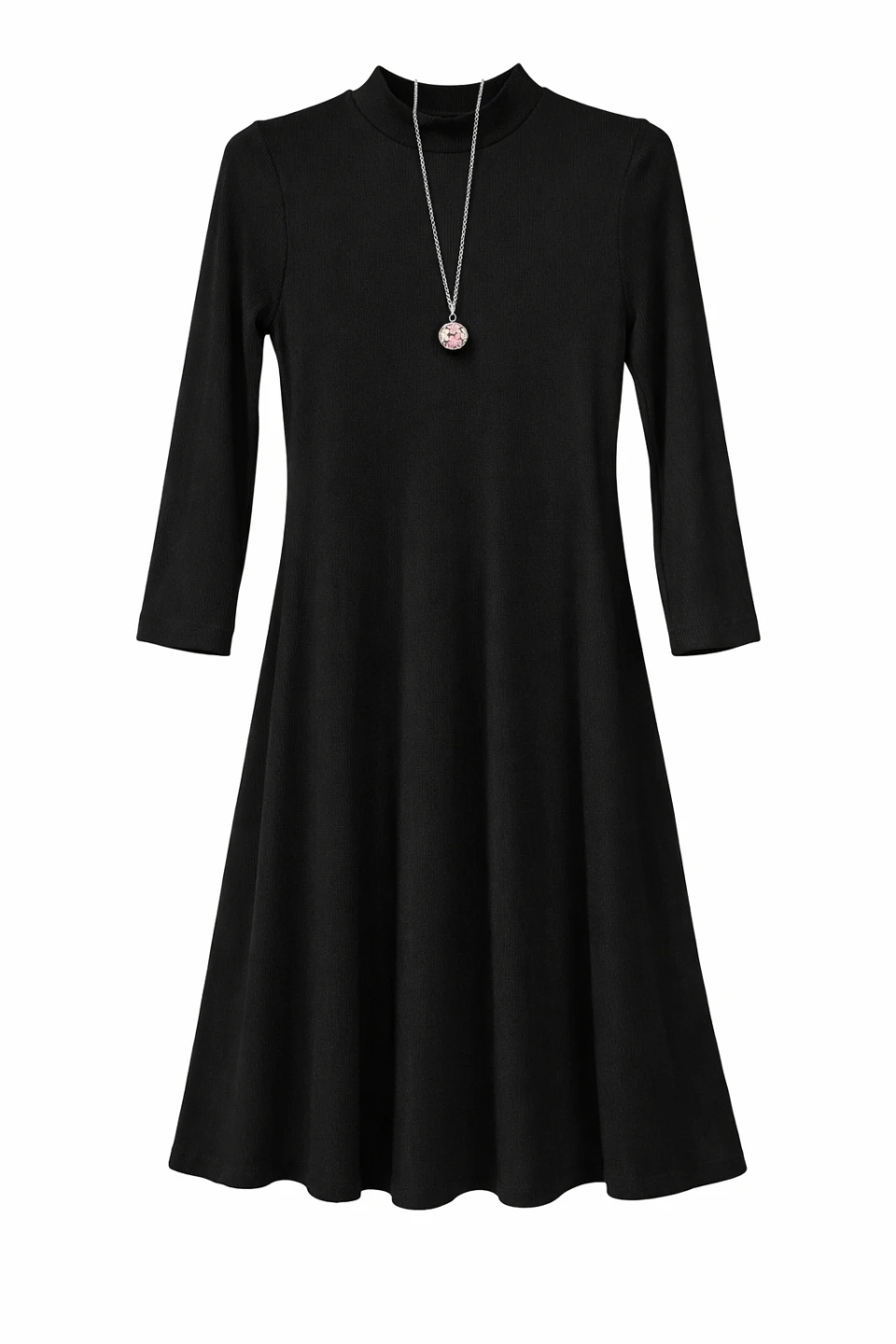 Black Mock Neck Dress with Pendant Necklace