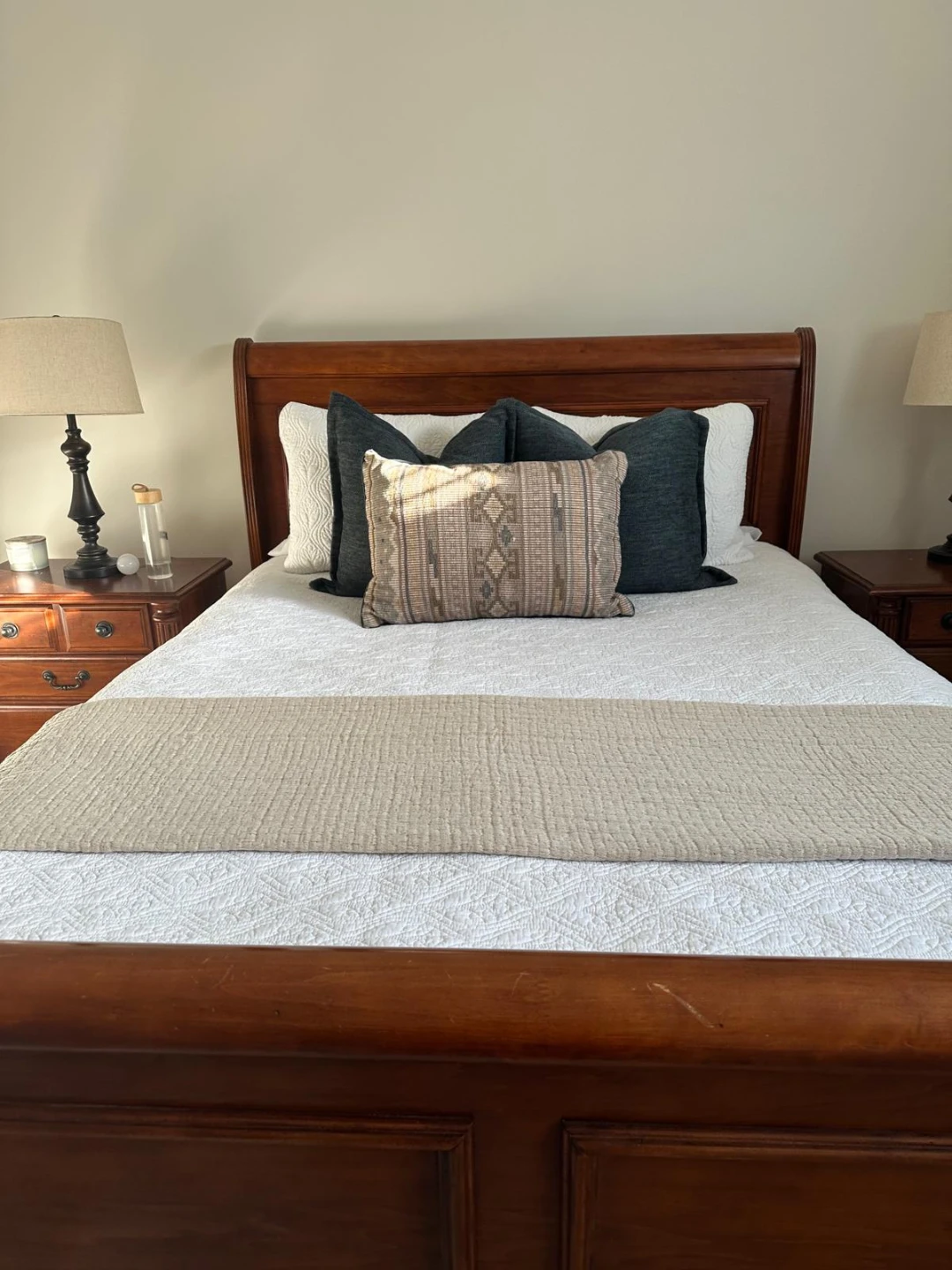 Wooden Sleigh Bed Frame with Matching Nightstands and Dresser