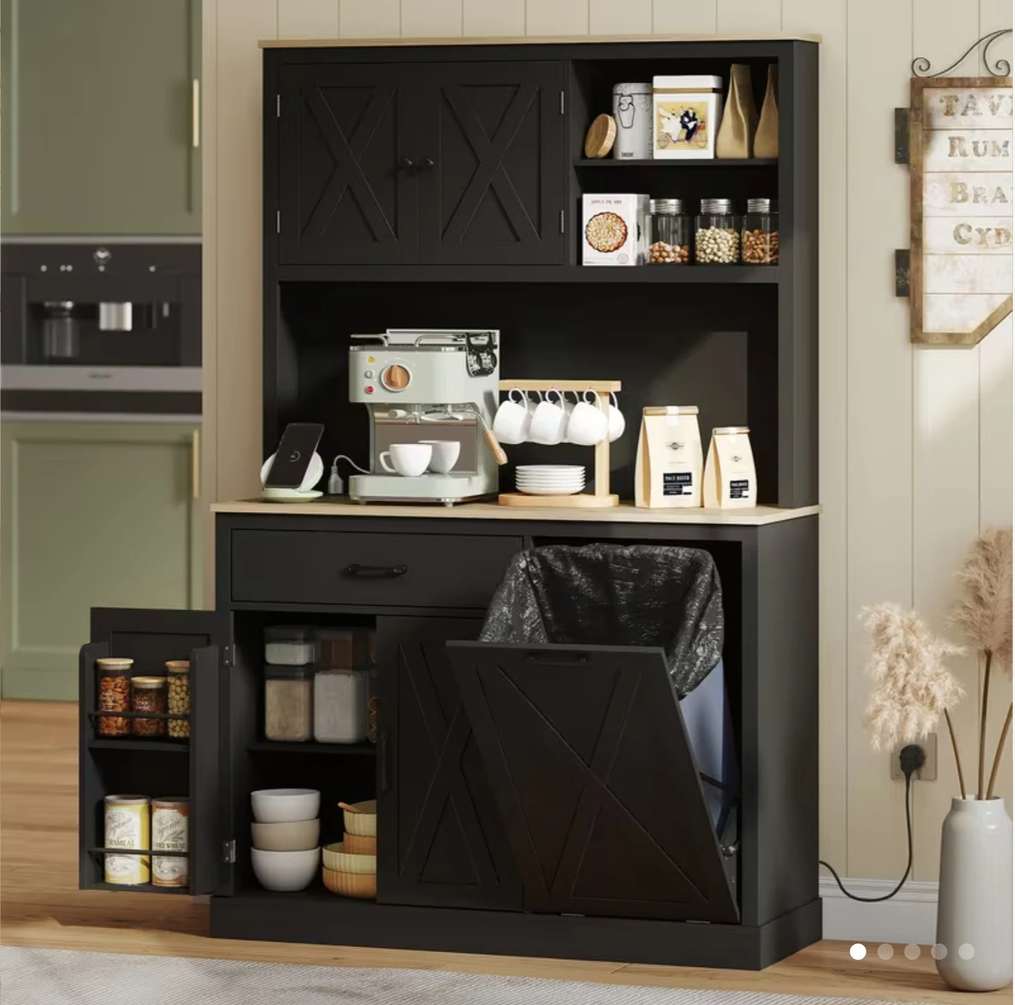 Black Kitchen Hutch with Trash Can Cabinet - photo 3