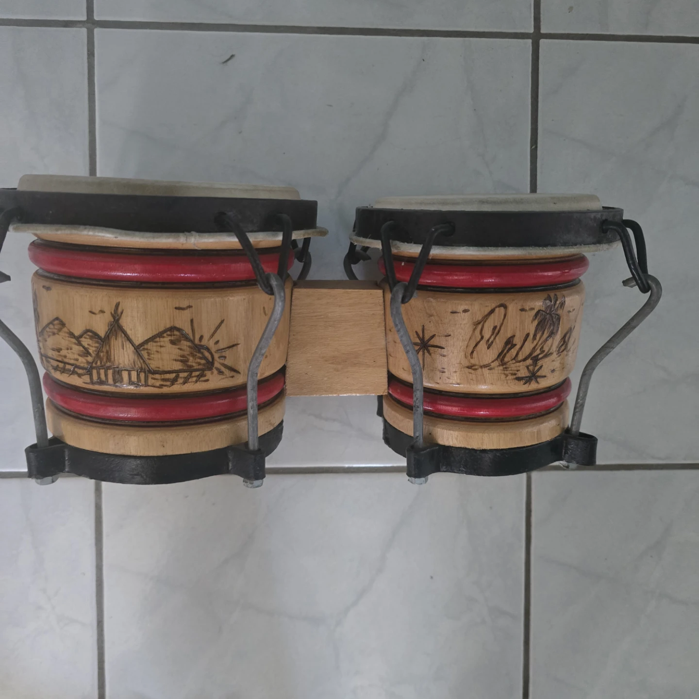 Bongo Drums - Wooden with Carvings