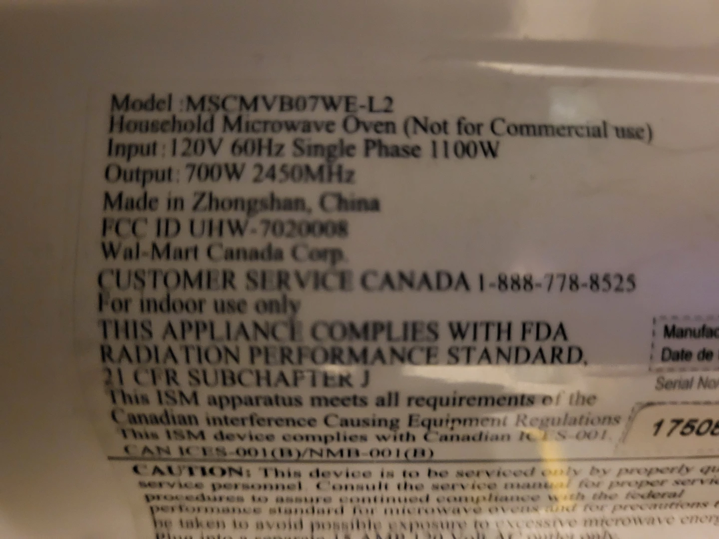 Wal-Mart Canada Household Microwave Oven MSCMVB07WE-L2 - photo 3