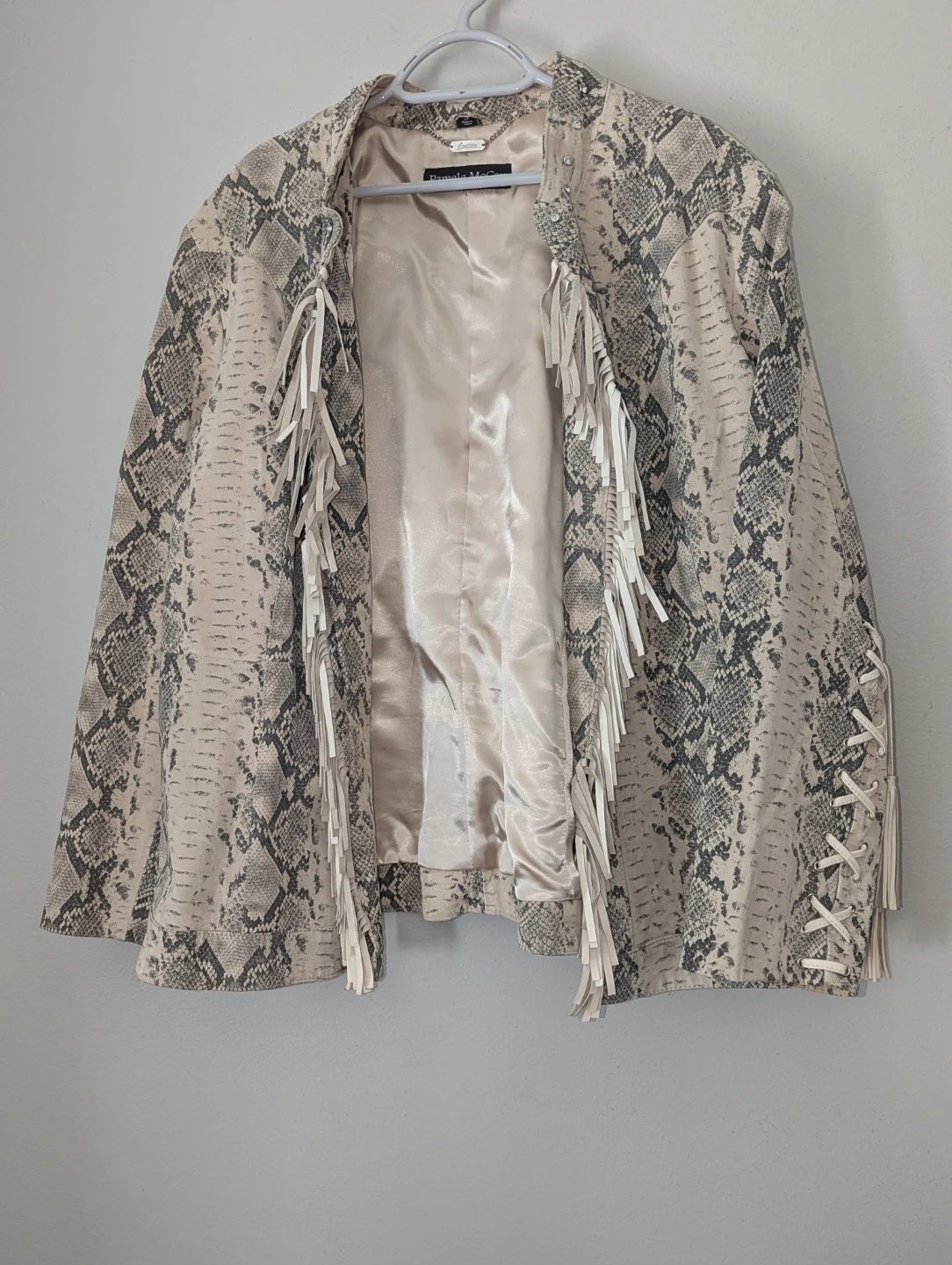 Pamela McCoy Snake Print Faux Leather Jacket with Fringe
