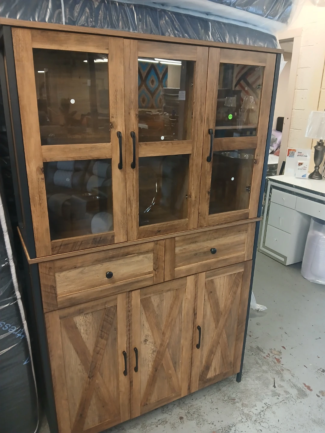 Rustic Farmhouse Style China Cabinet with Glass Doors