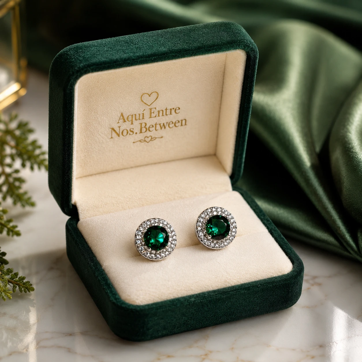Emerald and Diamond Stud Earrings in Velvet Box