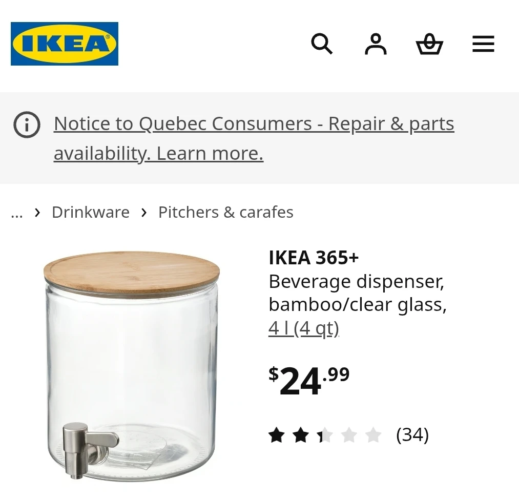 IKEA  Beverage Dispenser Glass Bamboo Lid 4L
