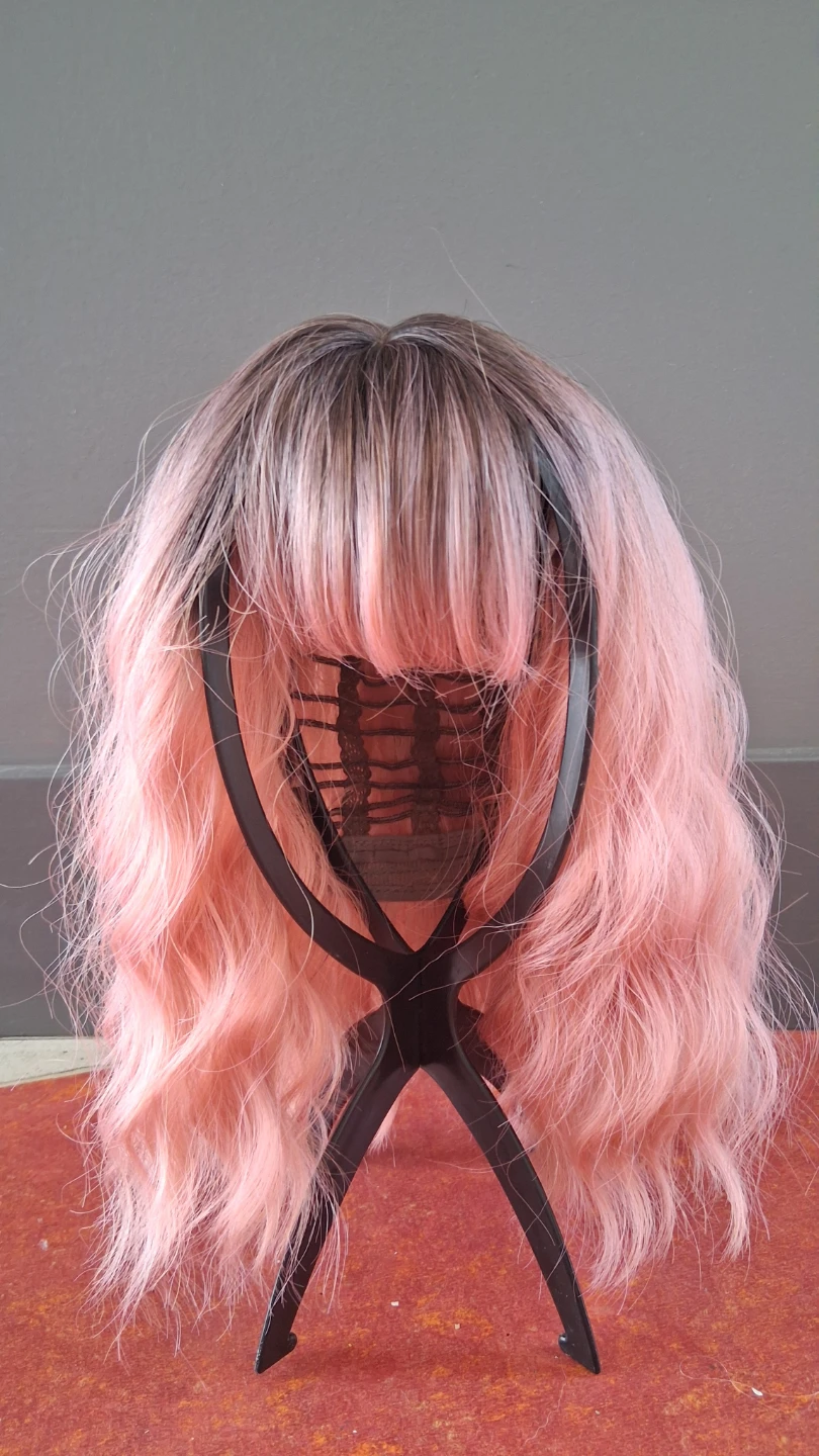 Ombre Pink Wavy Wig with Bangs - photo 5