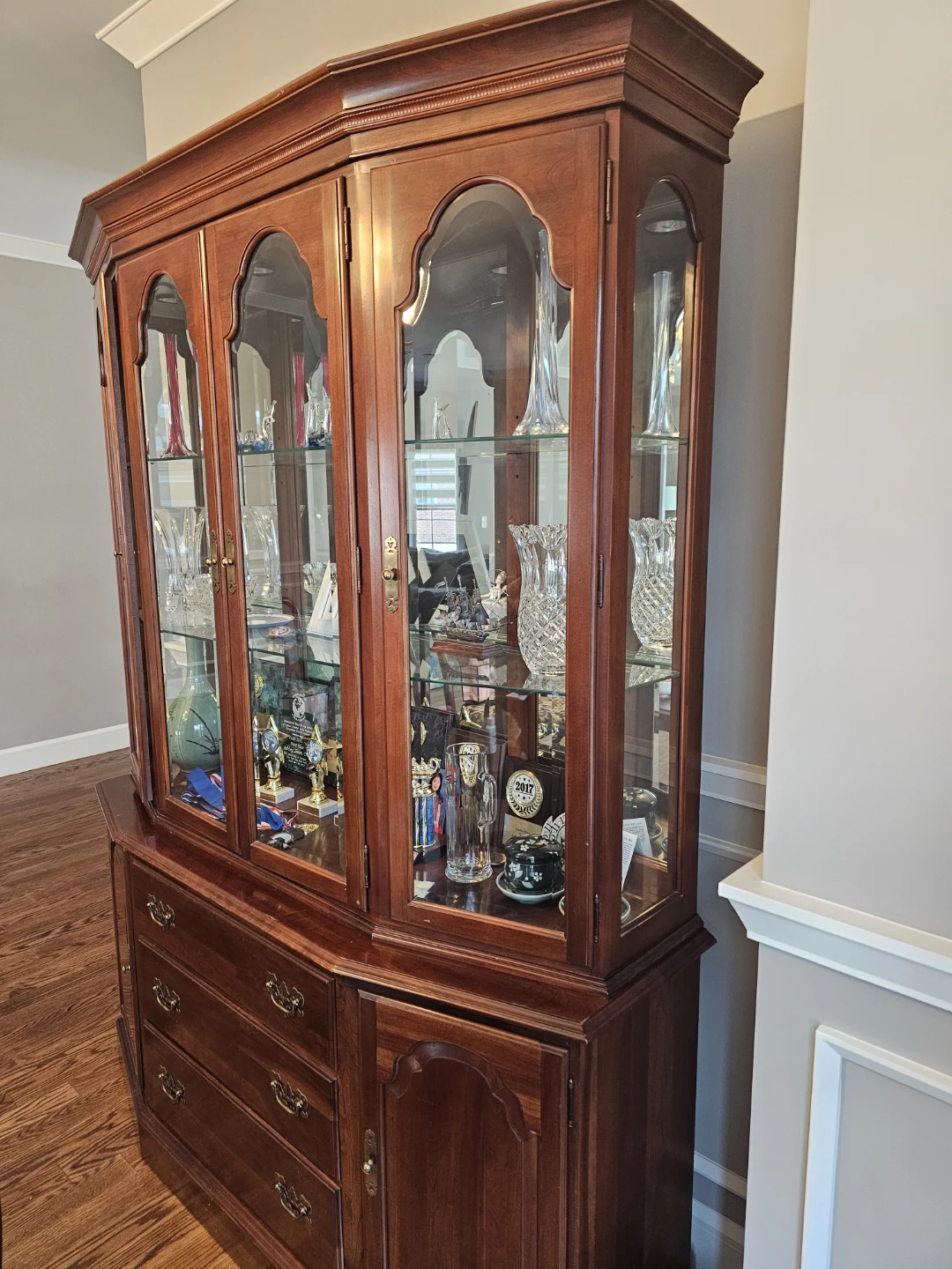 Wooden Ethan Allen China Cabinet with Glass Doors and Drawers