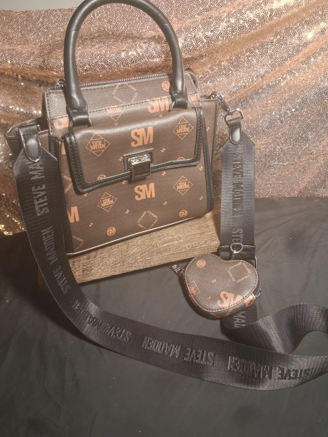 Steve Madden Brown Monogram Satchel Bag with Heart Coin Pouch