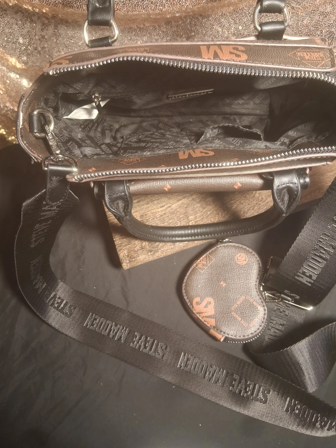 Steve Madden Brown Monogram Satchel Bag with Heart Coin Pouch - photo 2