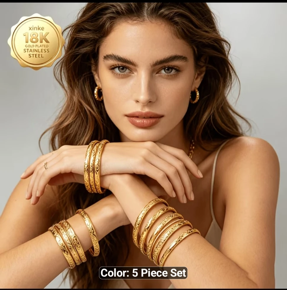 Xinke 18K Gold Plated Stainless Steel Bangle Set - 5 Piece