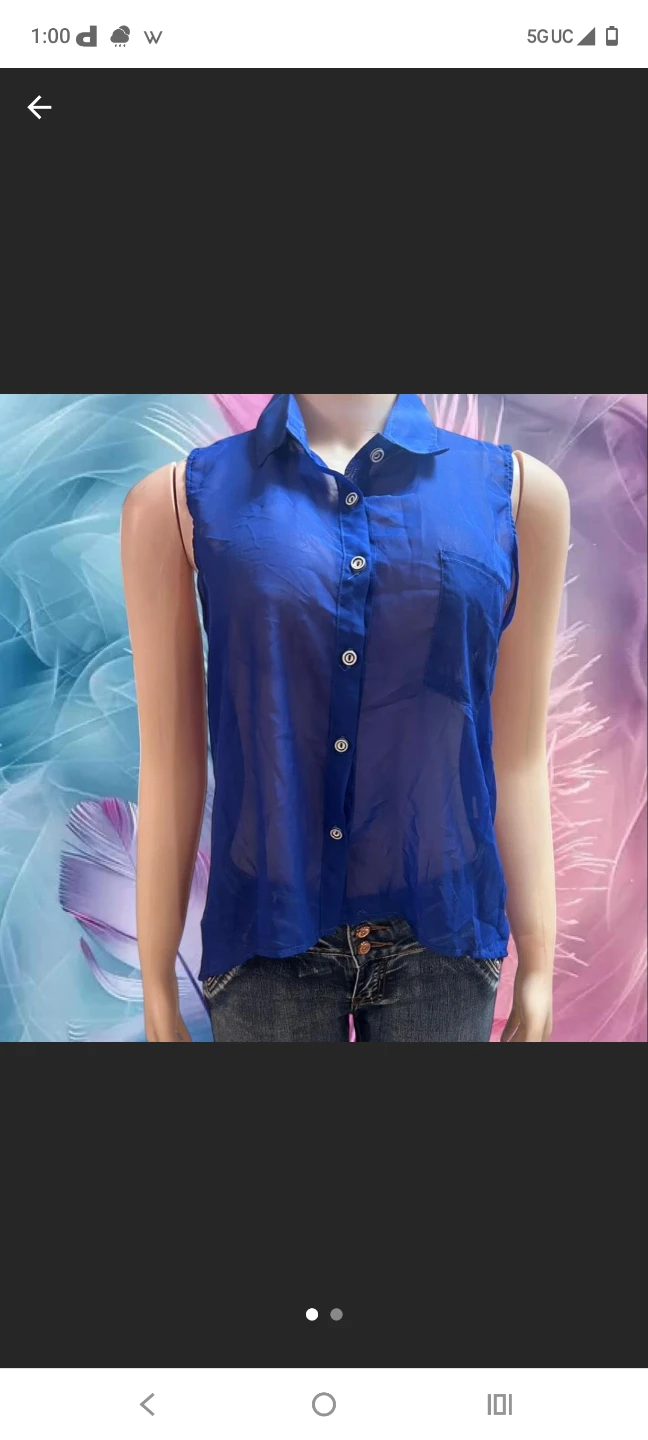 Blue Sleeveless Sheer Button-Up Shirt