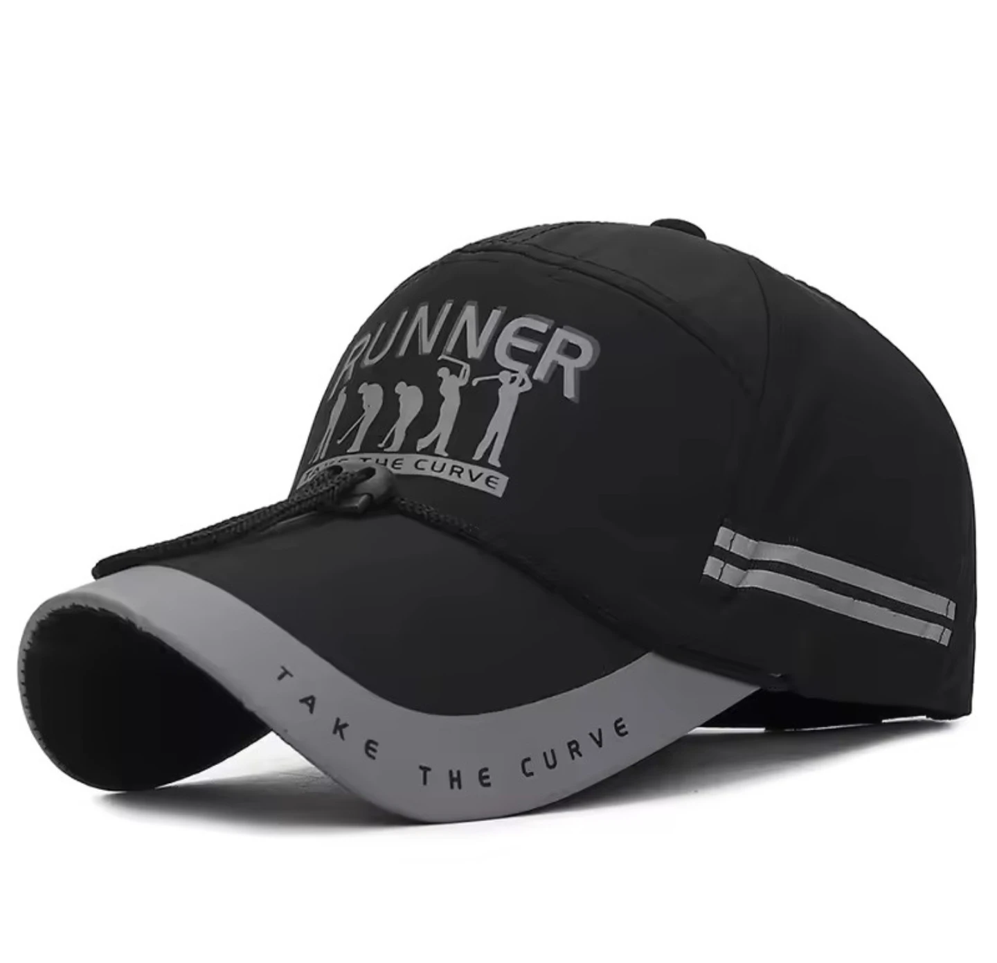 Black Runner Cap with Reflective Stripes