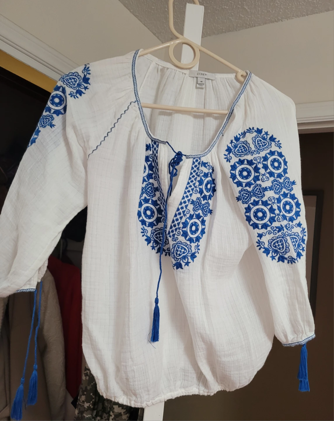 J. Crew White Embroidered Tassel Blouse, sm